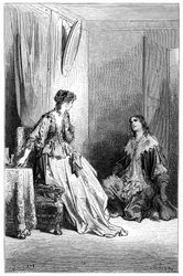 Vallombreuse ajoelha-se perante Isabelle, por quem está apaixonado. Gravura de Gustave Dore ilustrando o romance de Theophile Gautier "Le capitaine Fracasse", edição Charpentier 1863.