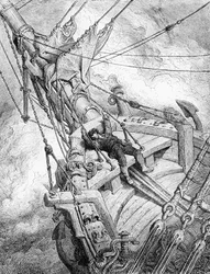 O Espírito do Polo Sul continua a exigir vingança pelo assassínio do albatroz, e o marinheiro é derrubado e desmaia, cena de «The Rime of the Ancient Mariner», de S. T. Coleridge, publicado por Harper & Brothers, Nova Iorque