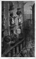 Vista da vida em Londres. Desenho de Gustave Dore. Gravura em "Le Monde illustrious" 1883. Coleção particular.