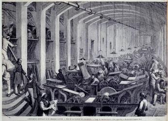 Vista da galeria da máquina de impressão de Charles Lahure Gravura de Gustave Dore (1832-1883) de "L