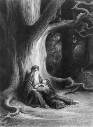 O mago Merlin e a fada Vivien na floresta de Brocéliande. Segundo o poema «Vivien» de Alfred Tennyson (publicado pela editora Hachette, Paris, 1868)
