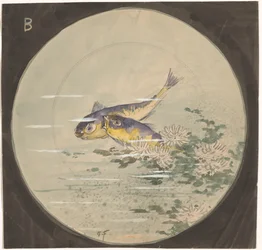 Desenho para um sinal com dois peixes azuis e amarelos perto de lírios de água