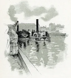 Barcos a amarrar no porto de La Villette, Paris. Desenho de Gustave Fraipont (1849-1923) de «La Seine à travers Paris» de Saint-Juirs