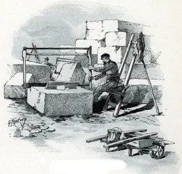 Talhadores de pedra nos bancos do Canal Saint-Martin, quai de Valmy, Paris Desenho de Gustave Fraipont (1849-1923) sorteios de Saint-Juirs "La seine a travers Paris