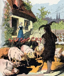 Ilustração de Gustave Fraipont para "Cane skin" (Ane skin) conto de Charles Perrault (1628-1703), escritor francês (Ilustração para "Donkeyskin" conto de fadas literário francês) Colecção privada