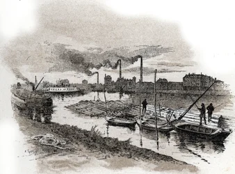 Ivry sur Seine, comboios de madeira (Rafting de madeira no rio Sena, Ivry-sur-Seine) Desenho de Gustave Fraipont (1849-1923) desenha de "La seine a travers Paris" de Saint-Juirs