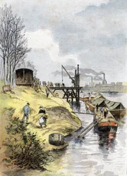 Dockers carregando maçãs em carros no quai de Bercy, Paris Desenho de Gustave Fraipont (1849-1923) desenha a partir de "La seine a travers Paris" de Saint-Juirs