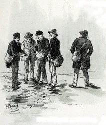 Les marchands de bout de charuto dans quartier Maubert, Paris (comerciantes de rua de pontas de cigarro e cigarros, distrito de Maubert, Paris) Desenho de Gustave Fraipont (1849-1923) tira de "La seine a travers Paris" de Saint-Juirs