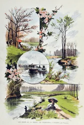 A beira do Marne: de Charenton a Nogent em 1887. Ilustração de Gustave Fraipont (1849-1923) Gravação de 1887 no "Paris-Illustrous journal weekly".