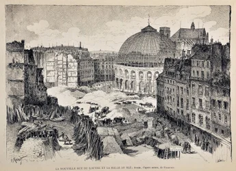 A nova Rue du Louvre e o Halle au Ble em Paris em 1887. ilustração de Gustave Fraipont (1849 - 1923). Gravura de 1887 no "Paris-Illustrous journal weekly".