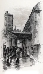 Vista de um flophouse (casa doss ou dosshouse) na rue de la Bucherie no distrito de Maubert, Paris Desenho de Gustave Fraipont (1849-1923) de Saint-Juirs
