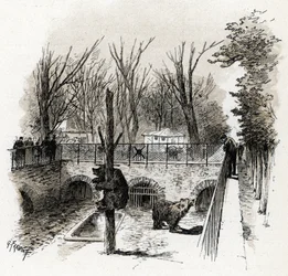 Vista da jaula dos ursos no zoológico do Jardin des Plantes, Paris. Desenho de Gustave Fraipont (1849-1923) retirado de «La Seine à travers Paris», de Saint-Juirs