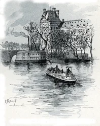Vista do Pavillon de Flore, Palais du Louvre, do Quai Voltaire, Paris (Vista da secção do Pavillon de Flore do Palácio do Louvre do quai Voltaire, Paris) Desenho de Gustave Fraipont (1849-1923) de Saint-Juirs