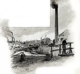 Vista do leito seco do canal Saint-Martin durante o período de limpeza Desenho de Gustave Fraipont (1849-1923) desenha de "La seine a travers Paris" de Saint-Juirs