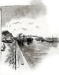 Vista da ponte pedonal do Canal de la Villette, Paris (Passarela do Canal de la Villette, Paris) Desenho de Gustave Fraipont (1849-1923) desenha de "La seine a travers Paris" de Saint-Juirs