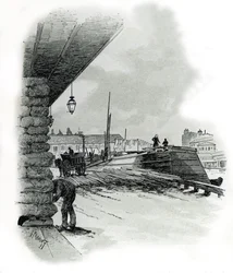 Vista dos hangares do porto de La Villette em Paris (Casas de barco e barracão do porto de La Villette, Paris) Desenho de Gustave Fraipont (1849-1923) Desenho de "La seine a travers Paris" de Saint-Juirs