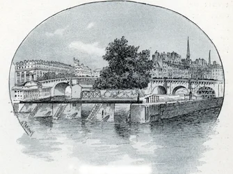 Vista da fechadura do Monnaie, em frente ao Hotel des Monnaie em Paris Desenho de Gustave Fraipont (1849-1923) sorteios de Saint-Juirs "La seine a travessa Paris"
