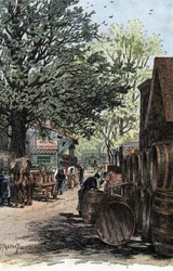 Vista do novo armazém na Rue Laroche, Bercy, Paris Armazéns de vinho da Rue Laroche em Bercy, Paris) Desenho de Gustave Fraipont (1849-1923) tiragem de "La seine a travers Paris" de Saint-Juirs