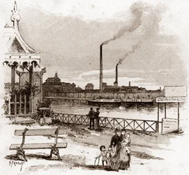 Vista do quai de Javel em Paris, actuel quai André-Citroen (Vista do quai Andre Citroen antigamente quai de Javel, Paris) Desenho de Gustave Fraipont (1849-1923) desenha de "La seine a travers Paris" de Saint-Juirs