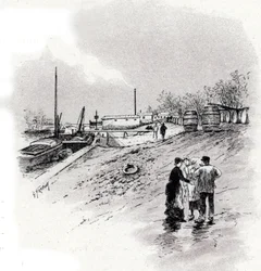 Vista das margens do rio Sena e do quai Saint-Bernard, Paris Desenho de Gustave Fraipont (1849-1923) desenha de "La seine a travers Paris" de Saint-Juirs
