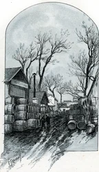 Vista do armazém da rue de Sauternes, Bercy, Paris (Vista do armazém da rue de Sauternes, Bercy, Paris) Desenho de Gustave Fraipont (1849-1923) Desenhos de "La seine a travers Paris" de Saint-Juirs