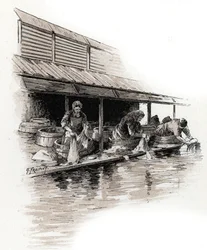 Lavadeiras no quai de Valmy, canal Saint-Martin bancos, paris Desenho de Gustave Fraipont (1849-1923) sorteios de "La seine a travers Paris" de Saint-Juirs