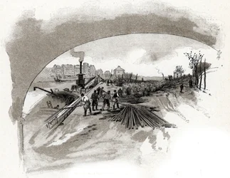 dechargement du fer sur le quai saint Bernard a Paris (Bolsas de ferro descarregadas pelos estivadores nas margens do rio Sena no quai Saint-Bernard em paris) Desenho de Gustave Fraipont (1849-1923) desenha de "La seine a travers Paris" de Saint-Juirs