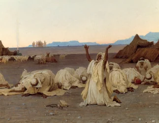 Oração ao entardecer no deserto do Sara. Pormenor do acampamento tuaregue. Pintura de Gustave Achille Guillaumet (1840-1887), 1863. Dimensões 1,3x2,8 m. Paris, Museu de Orsay