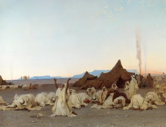 Oração da noite no deserto do Sara. Pormenor do acampamento tuaregue. Pintura de Gustave Achille Guillaumet (1840-1887), 1863. Sol. 1,3x2,8 m. Paris, Museu de Orsay