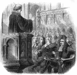 Pedro 1º o Grande (1672-1725), czar russo, usando seu cabelo na peruca do prefeito durante uma visita a uma igreja holandesa em 1716. Gravura de Gustave Janet