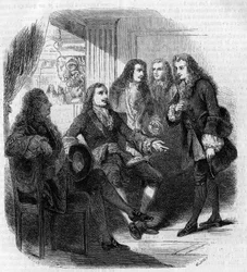 O encontro entre o czar russo Pedro o Grande (1672-1725) e Voltaire (François Marie Arouet, dit) (1694-1778). Gravura de Gustave Janet