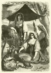 Mulheres vendendo feno a carroceiros na beira da estrada, Itália (gravura)