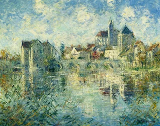 Moret-sur-Loing, a ponte e a igreja; Moret-sur-Loing, a ponte e a igreja, c.1935