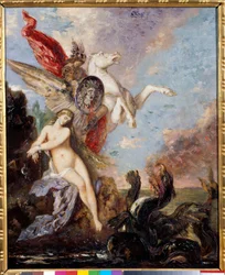 Andrómeda, acorrentada a uma rocha, é libertada por Perseu. Pintura de Gustave Moreau (1826-1898)