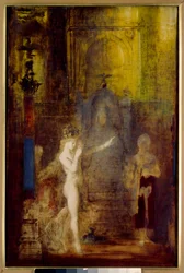Salomé dança diante de Herodes. Salomé dança no salão do banquete de Herodes. Herodes, sentado num alto trono, fica fascinado pela beleza da feiticeira.