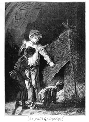 Gavroche e os seus dois irmãos no elefante da Bastilha, ilustração de «Os Miseráveis» (1845-62), de Victor Hugo (1802-85), c. 1885