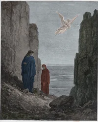Purgatorio, Canto 19: Os poetas ascendem ao quinto círculo, ilustração da Divina Comédia de Dante Alighieri, 1885 (gravura digital colorida)