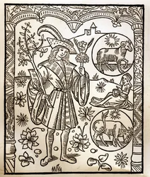 Calendário dos Pastores - Os Trabalhos dos Meses - Abril - Corte de madeira do livro de 1496 impresso por Guy Marchant (Guido Mercator) em Troyes - Gravura em madeira em "Le grand Calendrier et compost des shepherds" -