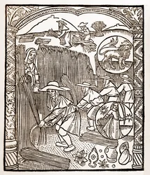 Calendário dos Pastores - Os Trabalhos dos Meses - Agosto - Corte de madeira do livro de 1496 impresso por Guy Marchant (Guido Mercator) em Troyes - Gravura em madeira em "Le grand Calendrier et compost des shepherds" -