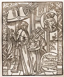 Calendário dos Pastores - Os Trabalhos dos Meses - Fevereiro - Corte de madeira do livro de 1496 impresso por Guy Marchant (Guido Mercator) em Troyes - Gravura em madeira em "Le grand Calendrier et compost des shepherds" -