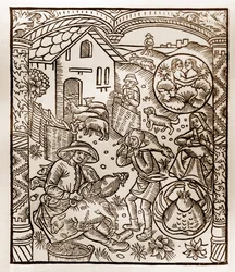 Calendário dos Pastores - Os Trabalhos dos Meses - Junho - Corte de madeira do livro de 1496 impresso por Guy Marchant (Guido Mercator) em Troyes - Gravura em madeira em "Le grand Calendrier et compost des shepherds" -