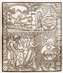 Calendário dos Pastores - Os Trabalhos dos Meses - Março - Corte de madeira do livro de 1496 impresso por Guy Marchant (Guido Mercator) em Troyes - Gravura em madeira em "Le grand Calendrier et compost des shepherds" -