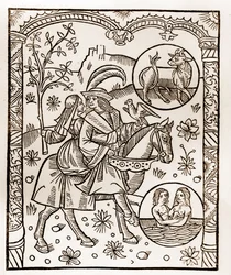 Calendário dos Pastores - Os Trabalhos dos Meses - Maio - Corte de madeira do livro de 1496 impresso por Guy Marchant (Guido Mercator) em Troyes - Gravura em madeira em "Le grand Calendrier et compost des shepherds" -