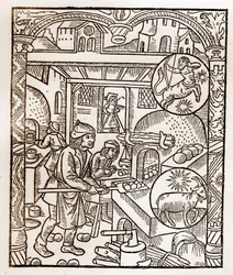 Calendário dos Pastores - Os Trabalhos dos Meses - Novembro - Corte de madeira do livro de 1496 impresso por Guy Marchant (Guido Mercator) em Troyes - Gravura em madeira em "Le grand Calendrier et compost des shepherds" - Forno de pão -
