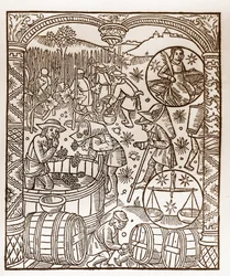Calendário dos Pastores - Os Trabalhos dos Meses - Outubro - Corte de madeira do livro de 1496 impresso por Guy Marchant (Guido Mercator) em Troyes - Gravura em madeira em "Le grand Calendrier et compost des shepherds" - A colheita - e os signos do zodíaco