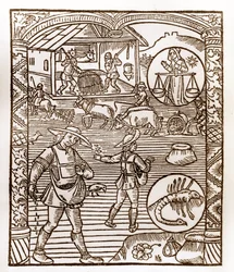 Calendário dos Pastores - Os Trabalhos dos Meses - Setembro - Lenha do livro de 1496 impresso por Guy Marchant (Guido Mercator) em Troyes - Au premier plan, des peassans sement a la volee - Lenha em "Le grand Calendrier et compost des shepherds" -