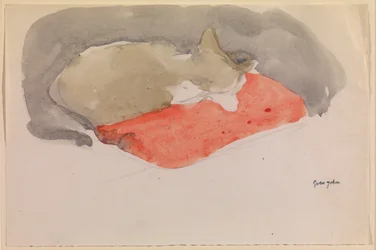 Gato dormindo em uma almofada vermelha (guache e lápis sobre papel)