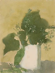Folhas verdes num jarro branco (aguarela, guache e lápis sobre papel)
