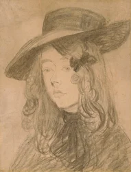 Winifred John com um chapéu grande (carvão sobre papel)