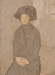 Jovem mulher usando um grande chapéu, c.1917-25 (óleo sobre tela previsto a bordo)
